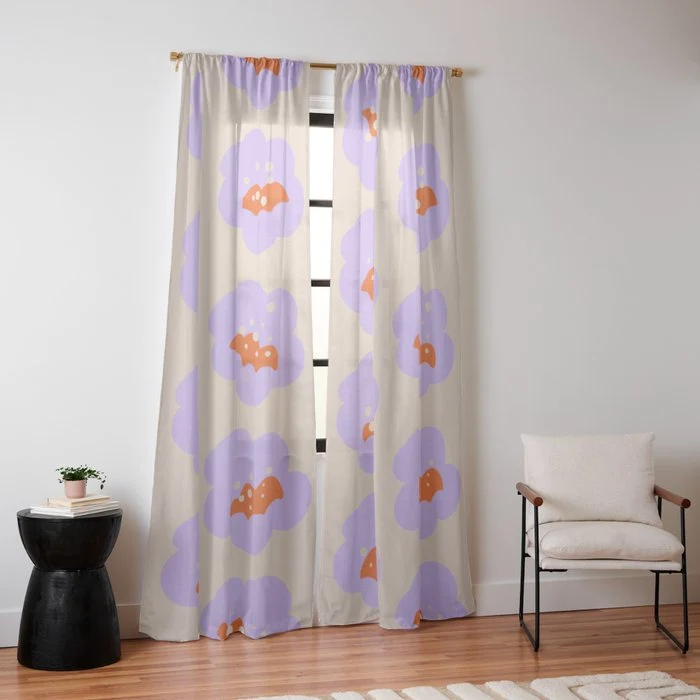 Bold Floral Toss Lavender Purple, Tangerine Orange, Cream Ivory, Playful Home Decor Window Curtain