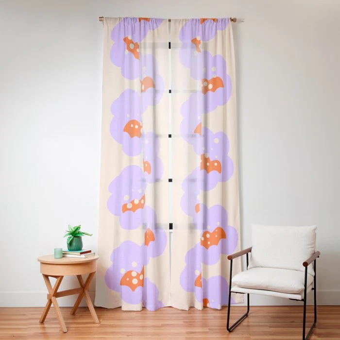 Bold Floral Toss Lavender Purple, Tangerine Orange, Cream Ivory, Playful Home Decor Window Curtain