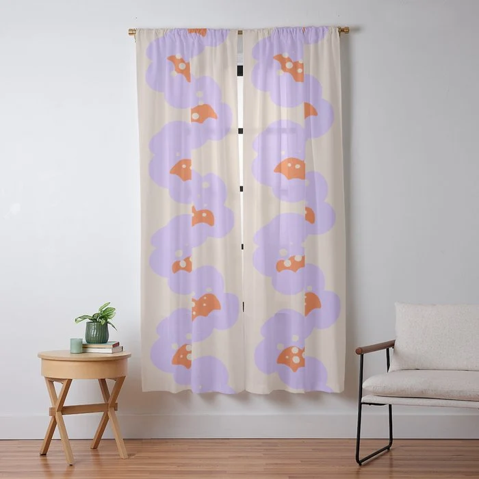 Bold Floral Toss Lavender Purple, Tangerine Orange, Cream Ivory, Playful Home Decor Window Curtain