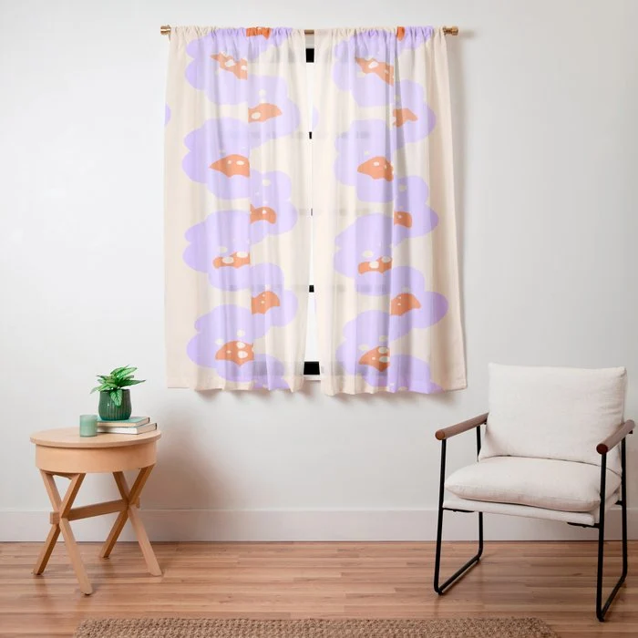 Bold Floral Toss Lavender Purple, Tangerine Orange, Cream Ivory, Playful Home Decor Window Curtain
