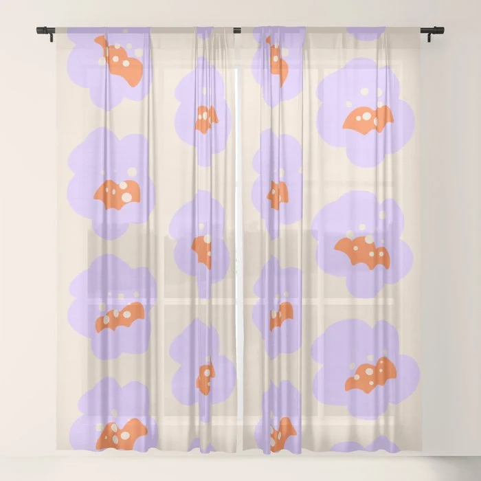Bold Floral Toss Lavender Purple, Tangerine Orange, Cream Ivory, Playful Home Decor Window Curtain