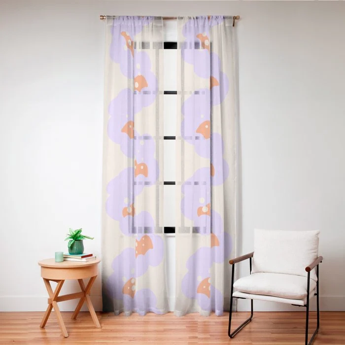 Bold Floral Toss Lavender Purple, Tangerine Orange, Cream Ivory, Playful Home Decor Window Curtain
