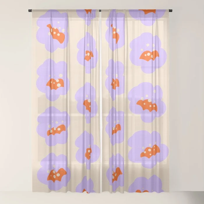 Bold Floral Toss Lavender Purple, Tangerine Orange, Cream Ivory, Playful Home Decor Window Curtain