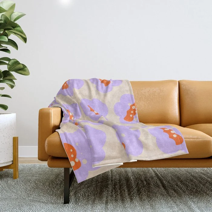 Bold Floral Toss Lavender Purple, Tangerine Orange, Cream Ivory, Playful Home Decor Throw Blanket