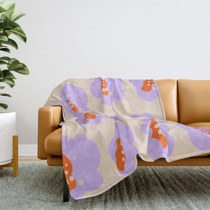 Bold Floral Toss Lavender Purple, Tangerine Orange, Cream Ivory, Playful Home Decor Throw Blanket