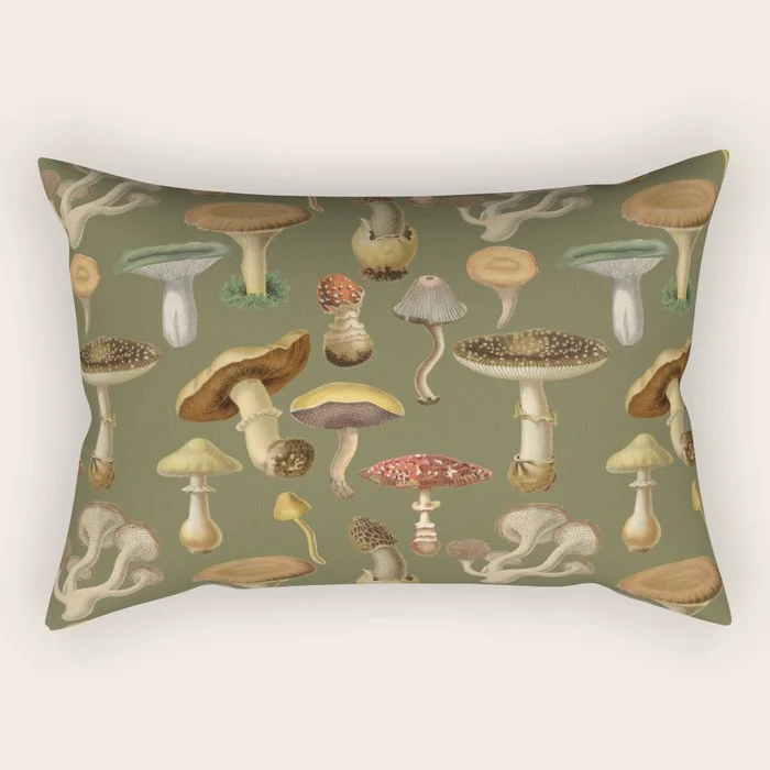 Forest Mushroom Goblincore Aesthetic Pattern - Lichen Green Rectangular Pillow